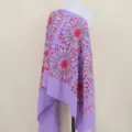 Purple faux cashmere embroidered shawl with colorful sunflower mandala patterns, boho style. - Light Purple