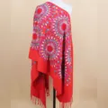 Etnischer roter bestickter Sonnenblumen Kaschmir Schal warmer Fransen Schal für Damen - Rot