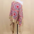 Ethnic style embroidered floral cashmere feel shawl scarf for women winter warm elegant cape wrap - Khaki
