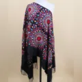 Ethnic style sunflower embroidered cashmere feel women warm winter shawl fashion cape scarf - Black