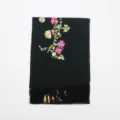 Black embroidered cashmere feel winter scarf with elegant floral vine design for women. - Black