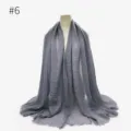 Solid color crinkled cotton blend hijab scarf with fringed edges for women in grey color. - Style #6