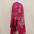 Thick warm embroidered cashmere feel women shawl cape with elegant floral paisley design. - Burgundy