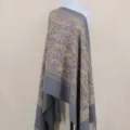 Grey paisley embroidered cashmere feel shawl winter warm fringe cape women cloak scarf - Gray