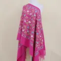 Fuchsia embroidered cashmere-feel scarf winter warm ethnic shawl wrap with fringe design - Rose Red