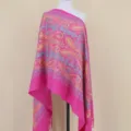 Women Ethnic Paisley Gold Embroidery Cashmere Feel Warm Shawl Scarf Cape Winter - Rose Red