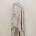 Beige faux cashmere embroidered floral shawl scarf with elegant vine patterns and chic fringes. - Khaki