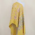 Yellow cashmere-feel shawl with exquisite floral paisley embroidery and fringe details. - Yellow