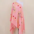 Pink cashmere feel embroidered floral shawl, ethnic style fringe winter warm cape. - Peach