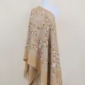 Imitation cashmere embroidered shawl, elegant floral design with tassels for winter. - Camel
