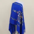 Blue Embroidered Cashmere Feel Shawl Long Scarf Ethnic Style Warm Cape Gift Option Blue - Sapphire Blue