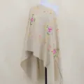 Beige cashmere-feel embroidered shawl ethnic style warm winter scarf cape fringe design - Khaki