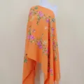 Orange cashmere-feel embroidered floral shawl cape with tassels and vine patterns. - Orange