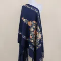 Dark blue embroidered long scarf, elegant floral pattern imitation cashmere winter shawl. - Navy Blue