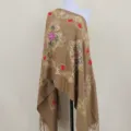Ethnic style embroidered imitation cashmere shawl scarf with tassels, warm and elegant cape. - Camel