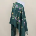 Dark green imitation cashmere floral embroidered shawl with cozy fringe, elegant ethnic style cape. - Dark Green