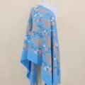 Sky blue imitation cashmere embroidered shawl scarf with floral patterns and tassel fringe. - Sky Blue