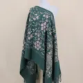 Thickened warm green cashmere-feel women's shawl with ethnic paisley floral embroidery. - Dark Green
