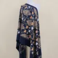 Elegant navy blue imitation cashmere embroidered floral shawl scarf for women warm winter travel cloak - Navy Blue