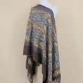 Women ethnic paisley embroidered cashmere feel shawl winter warm fringe cape scarf - Coffee