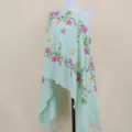 Mint green embroidered cashmere feel shawl with floral vine pattern and fringe details. - Light Green