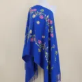 Blue embroidered imitation cashmere shawl, elegant floral vine pattern, warm winter cape. - Sapphire Blue