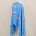 Blue imitation cashmere embroidered long scarf, floral vine fringe shawl for women. - Sky Blue