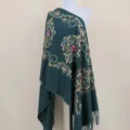 Dark green embroidered warm winter imitation cashmere shawl ethnic style cape with fringe - Dark Green