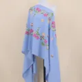 Light blue cashmere feel embroidered floral shawl winter warm tassel fringe cape wrap scarf - Light Blue