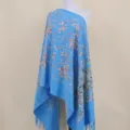 Light blue embroidered shawl with floral paisley design, warm thick cape for women. - Sky Blue