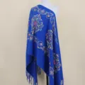 Blue Embroidered Cashmere-Feel Scarf Ethnic Style Warm Winter Cloak with Fringe - Sapphire Blue