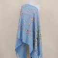 Thickened cashmere-feel women blue floral paisley embroidered warm winter shawl scarf cape. - Light Blue