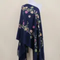 Dark Blue Cashmere Feel Embroidered Shawl Scarf with Floral Vine Tassels for Women - Navy Blue