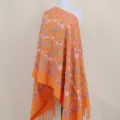 Orange imitation cashmere embroidered floral shawl scarf with fringes, variant style. - Orange
