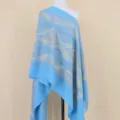 Blue paisley cashmere-feel winter shawl with gold embroidery, elegant ethnic fringed wrap. - Sky Blue