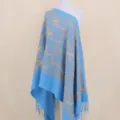Blue paisley embroidered cashmere-feel shawl winter warm fringed cape for women style - Sky Blue