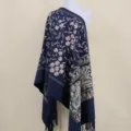 Thick cashmere feel embroidered paisley shawl winter warm ethnic style women cape scarf - Navy Blue