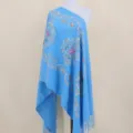 Blue embroidered cashmere-feel winter shawl traditional floral ethnic scarf warm cozy cape - Sky Blue