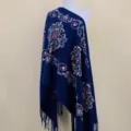 Blue embroidered cashmere-feel shawl ethnic style winter warm tassel cape 300g cozy - Navy Blue