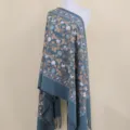 Elegant blue-grey imitation cashmere embroidered scarf shawl with delicate floral fringe design. - Aqua