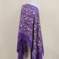 Purple imitation cashmere embroidered floral shawl winter warm fringe scarf elegant long cape - Purple