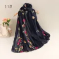 Navy blue floral embroidered cotton linen scarf lightweight breathable sun protection shawl - 11#