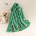 Green floral embroidered lightweight linen scarf for women stylish boho sun protection shawl - 15#