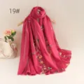 Close-up detail of lightweight embroidered cotton linen scarf, floral pattern shawl. - 19#