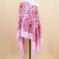 Pink cashmere-feel embroidered floral shawl scarf with elegant tassels for women winter warm. - Pink