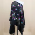 Black embroidered cashmere-feel winter scarf, elegant ethnic style floral pattern warm shawl. - Black / 200cm