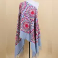 Ethnic style sunflower embroidered cashmere-feel scarf, light blue variant, warm winter shawl. - Gray