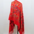 Rode geborduurde imitatie kasjmier sjaal met kwasten, warme winter bloemaccessoire. - Rood