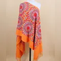 Orange ethnic sunflower embroidered imitation cashmere shawl warm winter women scarf fringe cape - Orange