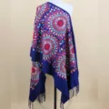 Blue Embroidered Cashmere Feel Shawl Scarf Sunflower Fringe Winter Warm Wrap - Navy Blue